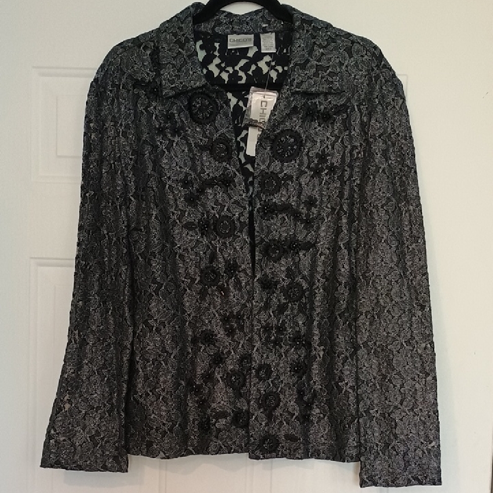 Chico's Sophisticate Black Lace Lucetta LG Jacket Cardigan Size 2 (Size 12) NWT